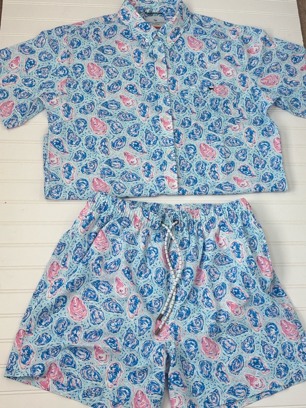 Men's Simply Southern Beach attire Blue & Pink Oyster Shirt Matching Swim Shorts